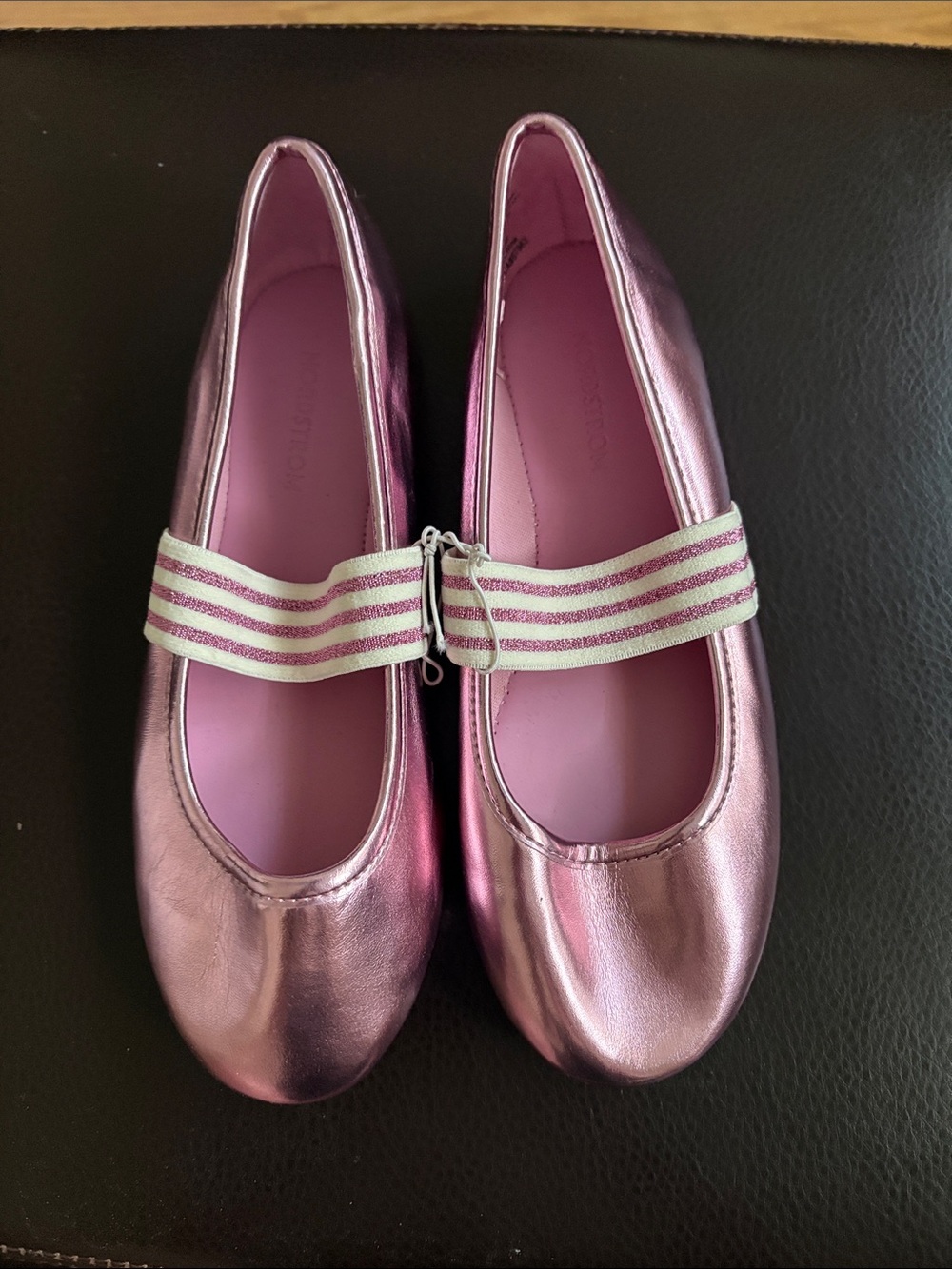 Girls Metallic Rose Pink Mary Jane Ballet Flats with Elastic Strap